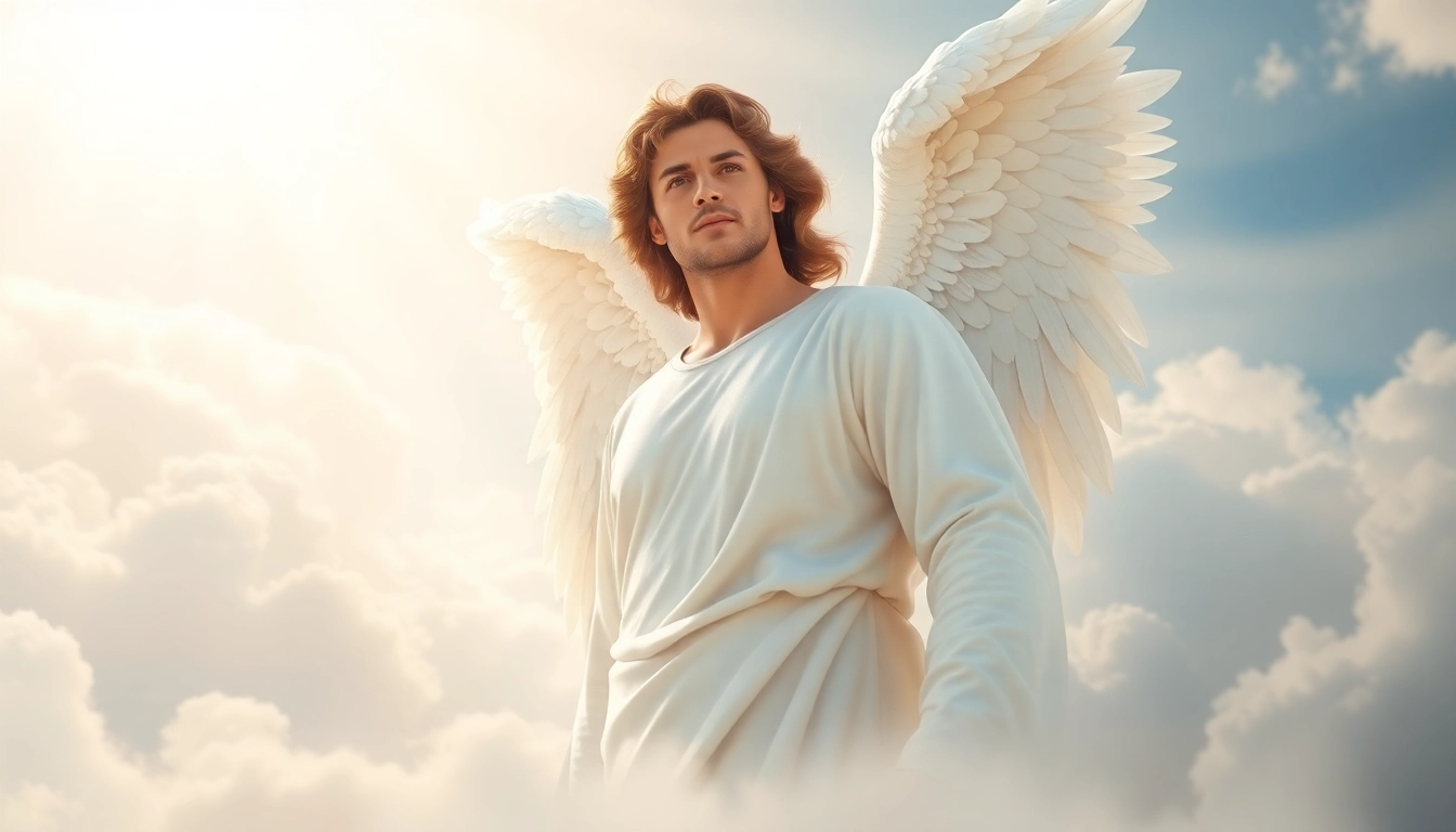 Erzengel Raphael zeigt Frieden und Weisheit in einer himmlischen Umgebung mit sanften Wolken.