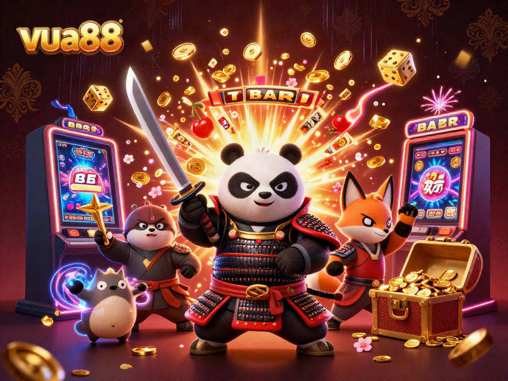 Spin and win at vua88 with a vibrant 3D scene featuring a samurai panda, ninja fox, and thrilling casino elements.