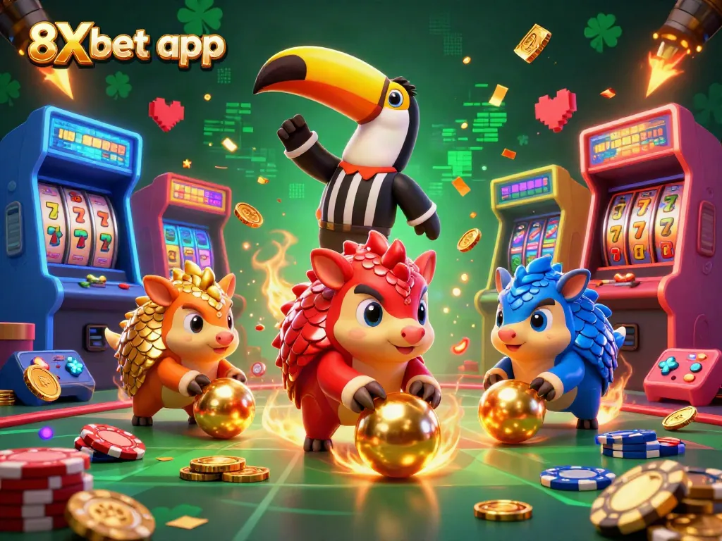 Experience the thrilling 8Xbet app with dynamic scenes of rival pangolins and casino elements.