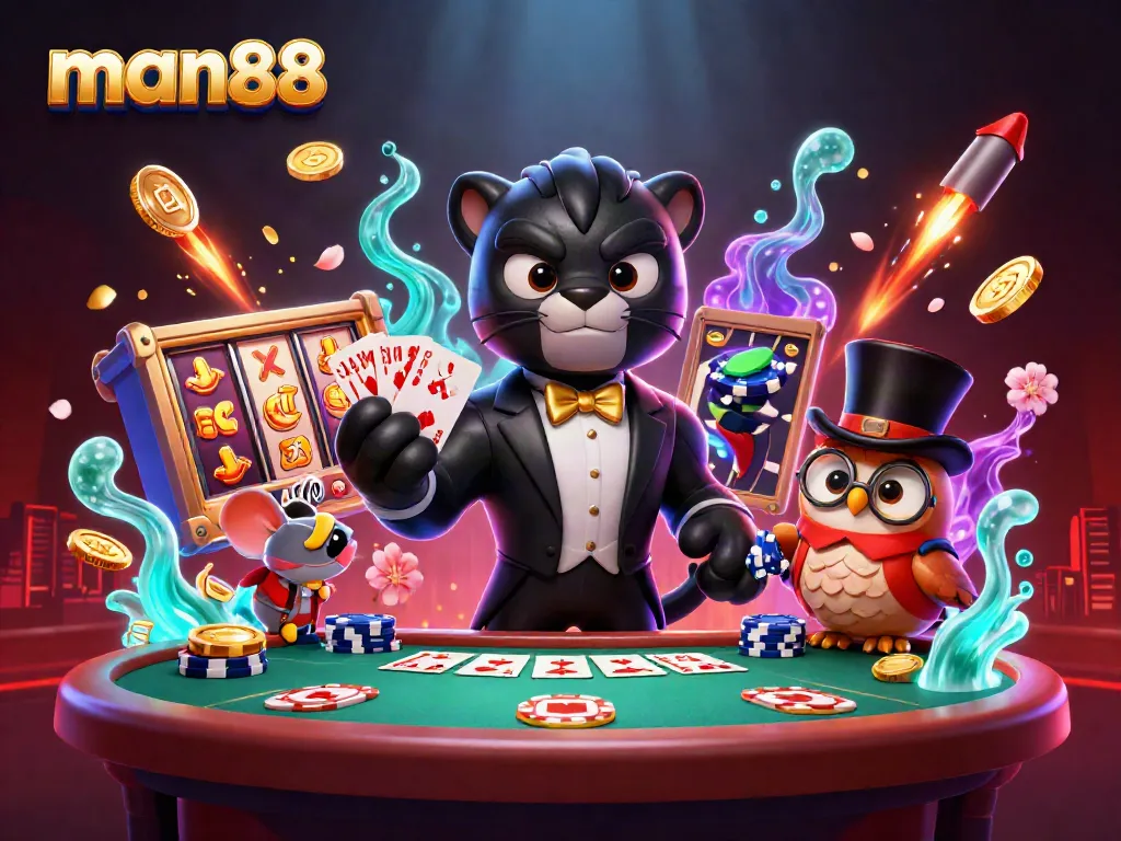 Experience thrilling gameplay with man88 showcasing stylish characters at a vibrant casino scene filled with slot reels and poker tables.
