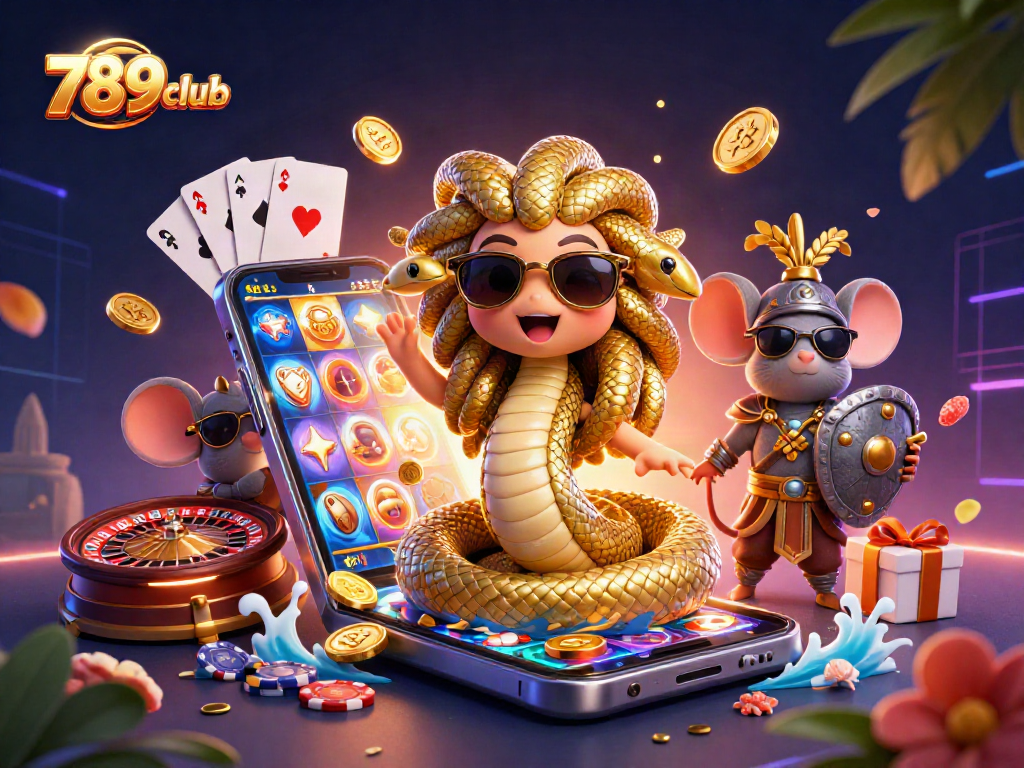 Play exciting games at 789club with festive characters amid vibrant casino elements.