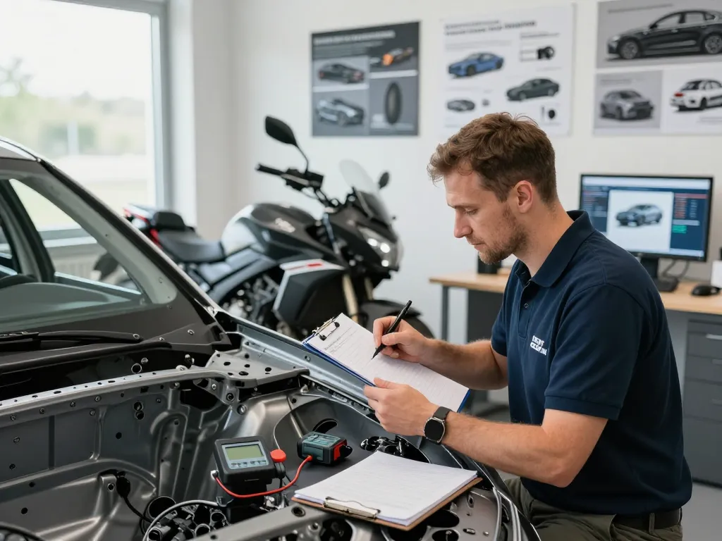 Experte Kfz Gutachter Düren bewertet Fahrzeugschäden in einer professionellen Kfz-Prüfungsumgebung.