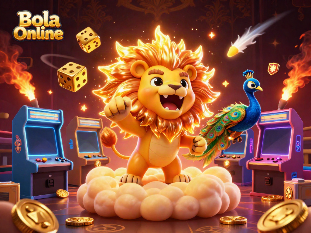 Bola Online showcases dynamic sports betting with golden lion, peacock, and arcade elements.