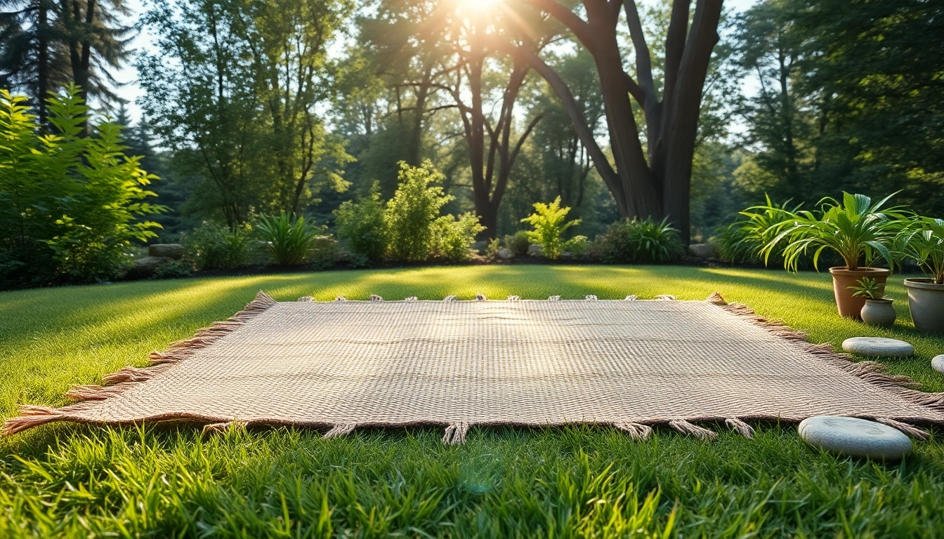 Verwendung von Hanfmatte in einem ruhigen Garten, umgeben von natürlicher Umgebung.