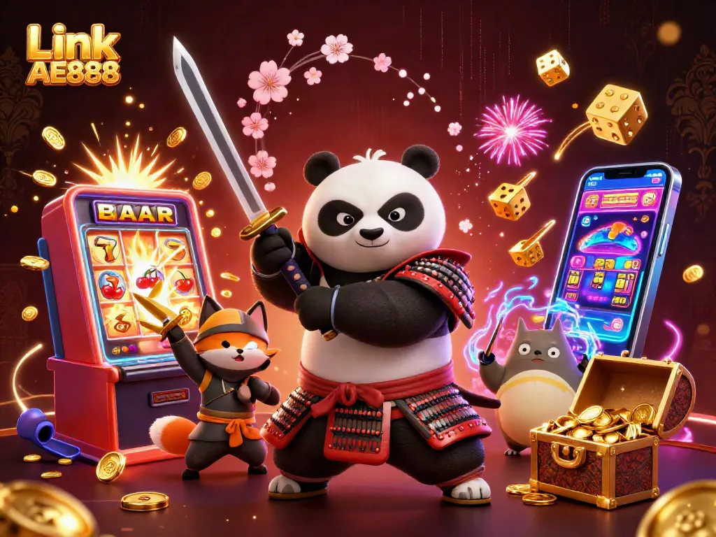 Experience thrilling gameplay with Link AE888, featuring a vibrant samurai panda and ninja fox in a spectacular casino setting.