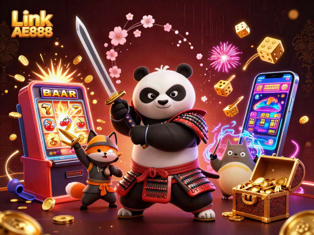 Experience thrilling gameplay with Link AE888, featuring a vibrant samurai panda and ninja fox in a spectacular casino setting.
