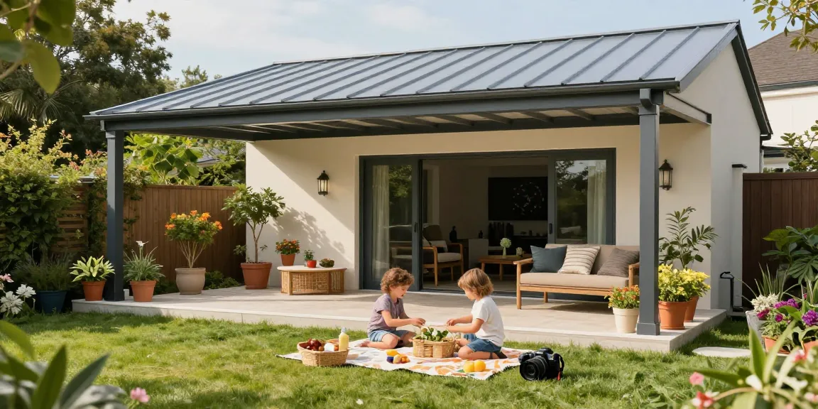 Moderne Terrassenüberdachung aus Aluminium auf einer einladenden Terrasse mit Familie im Freien.