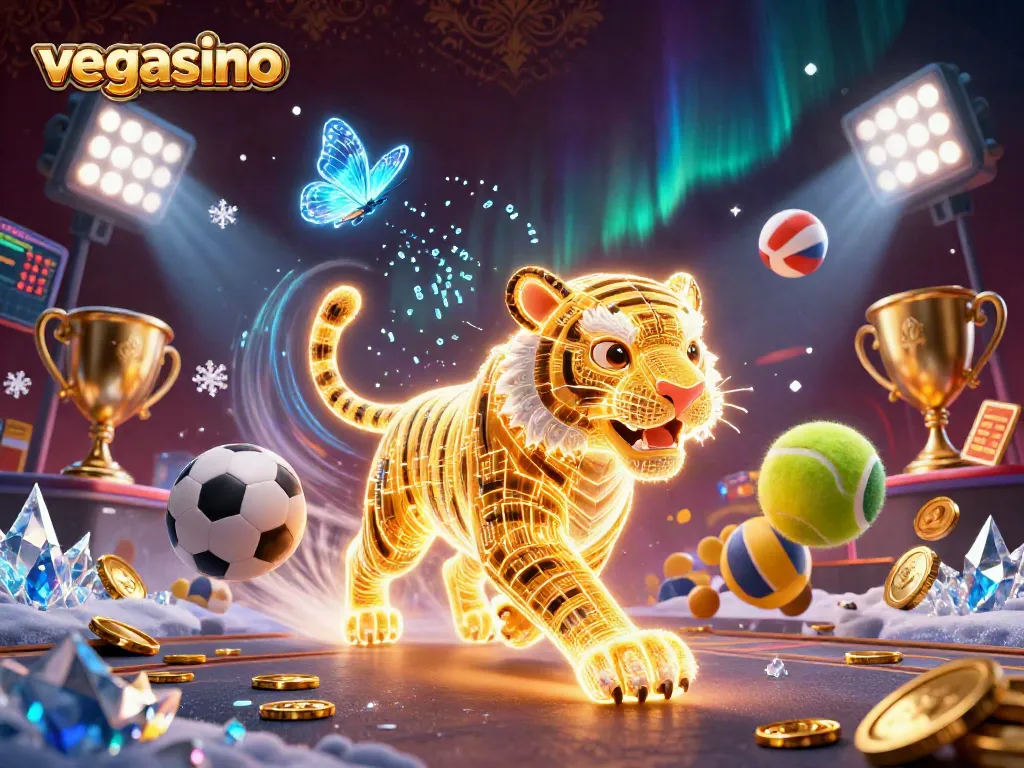 Experience thrilling bets at vegasino, with a vibrant scene of a neon tiger amidst dynamic casino elements.