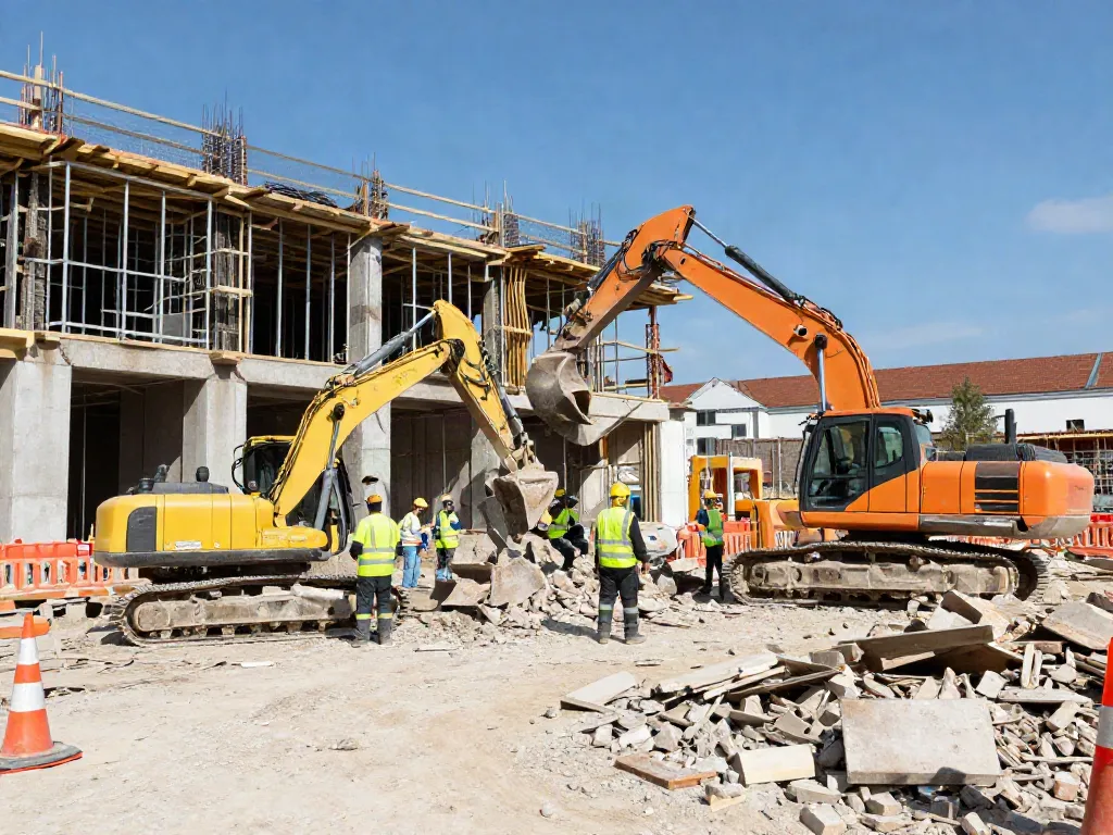 Professionelle Abrissarbeiten zeigen Abbruch Kosten in Aktion mit Baumaschinen und Sicherheitsteams auf der Baustelle.