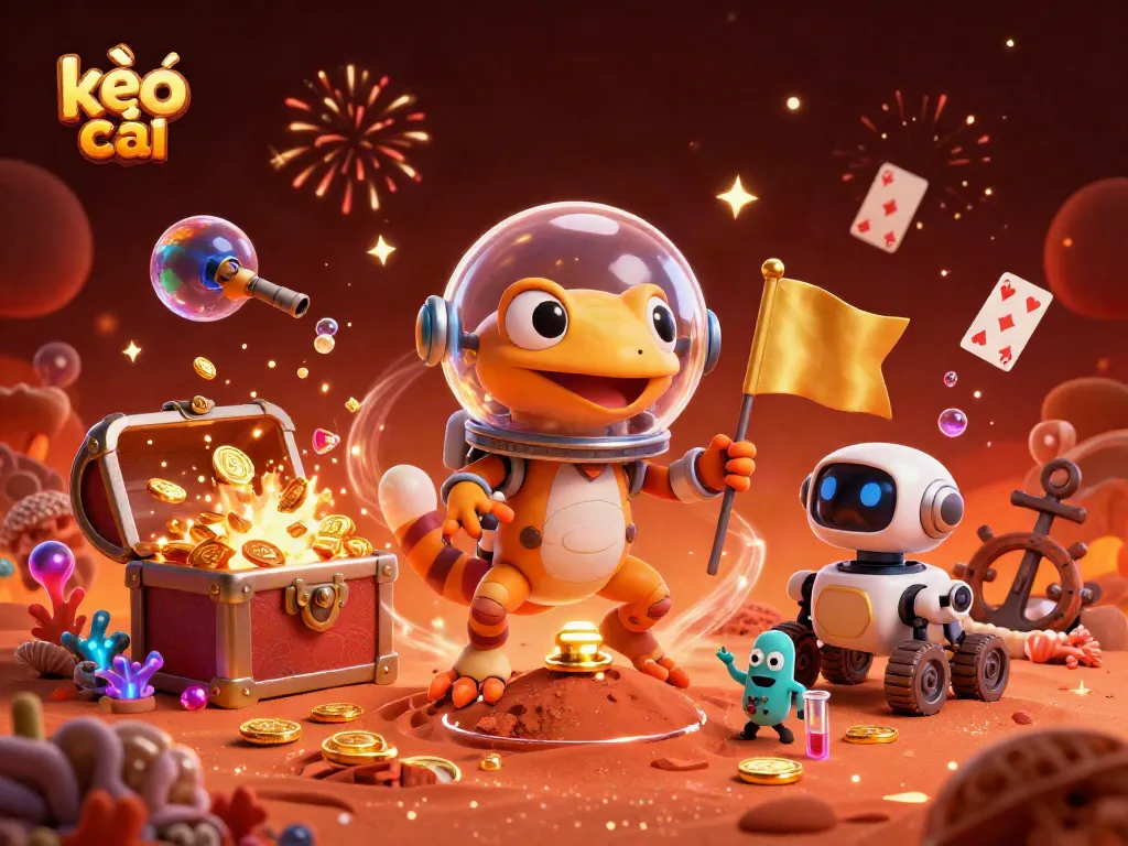 Experience the excitement of kèo nhà cái with a Martian gecko discovering a golden casino amid treasures on Mars.