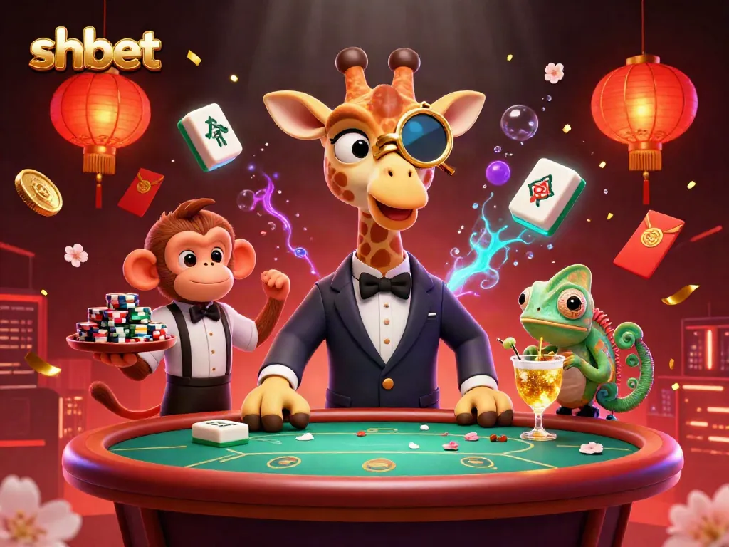 Experience vibrant gameplay at shbet with a giraffe, monkey, and chameleon in a lively casino scene.