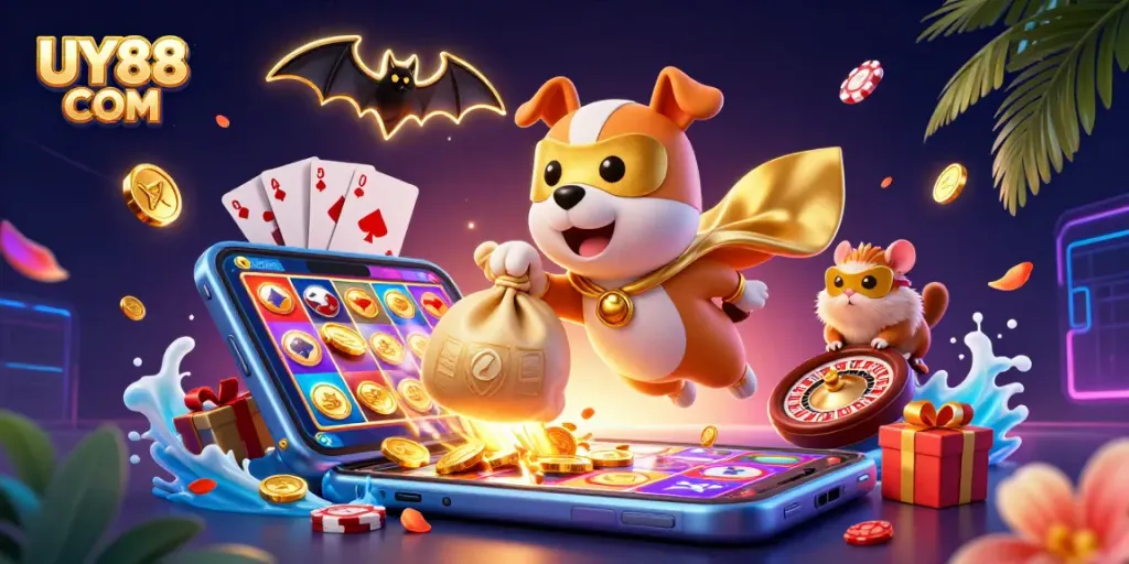 Win big with UY88 COM's dynamic illustrations featuring a superhero theme and casino elements.