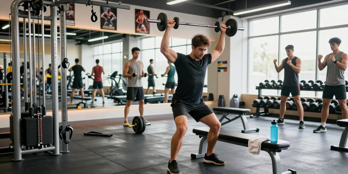 Anabolika Shop Deutschland-Szene, die einen männlichen Bodybuilder zeigt, der in einem lebhaften Fitnessstudio Gewichte hebt und die Fitness- und Bodybuilding-Kultur betont.
