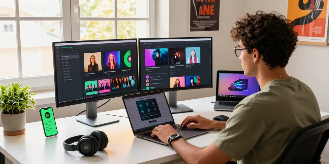 Engaged user exploring Spotify mod apk features in a modern tech workspace with vibrant lighting and gadgets.