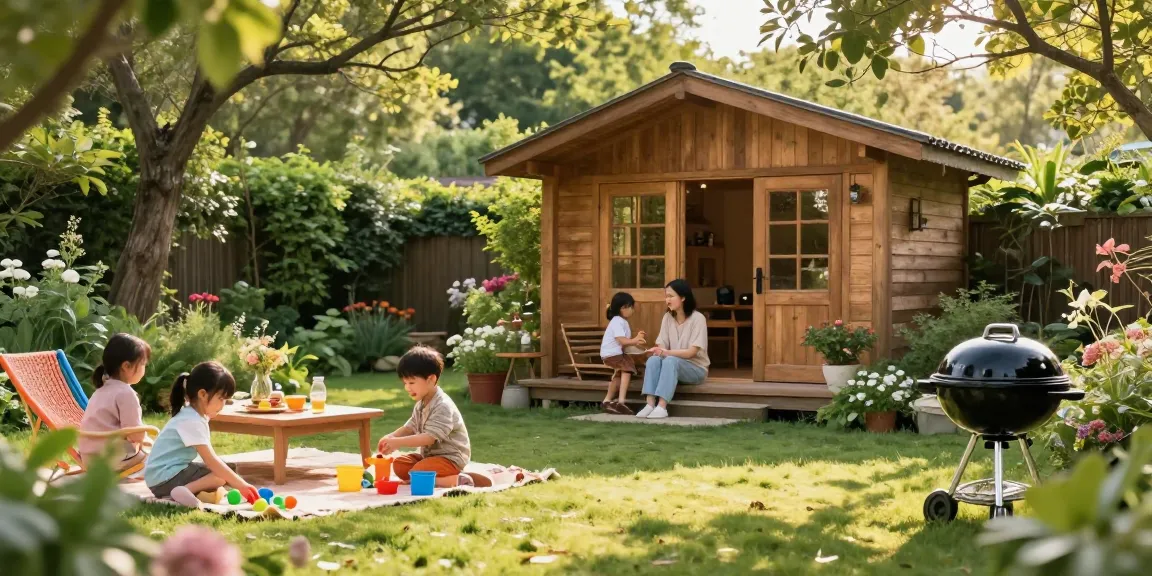 Gartenhaus Holz umgeben von blühenden Pflanzen und einer Familie, die im Garten spielt.