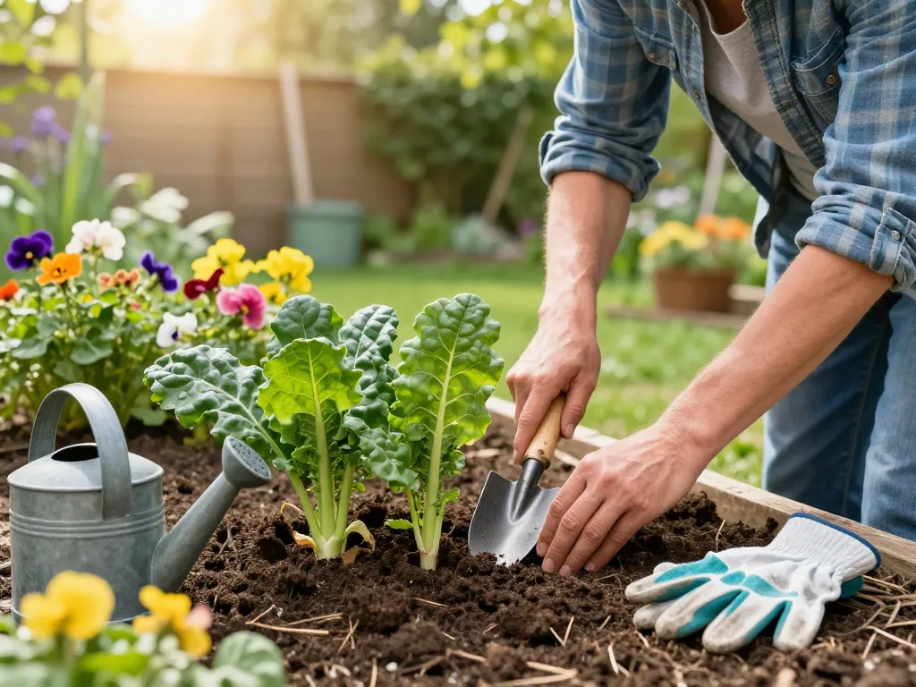 Gardener planting fresh lauchpflanzen in a sunny home garden, surrounded by vibrant foliage.