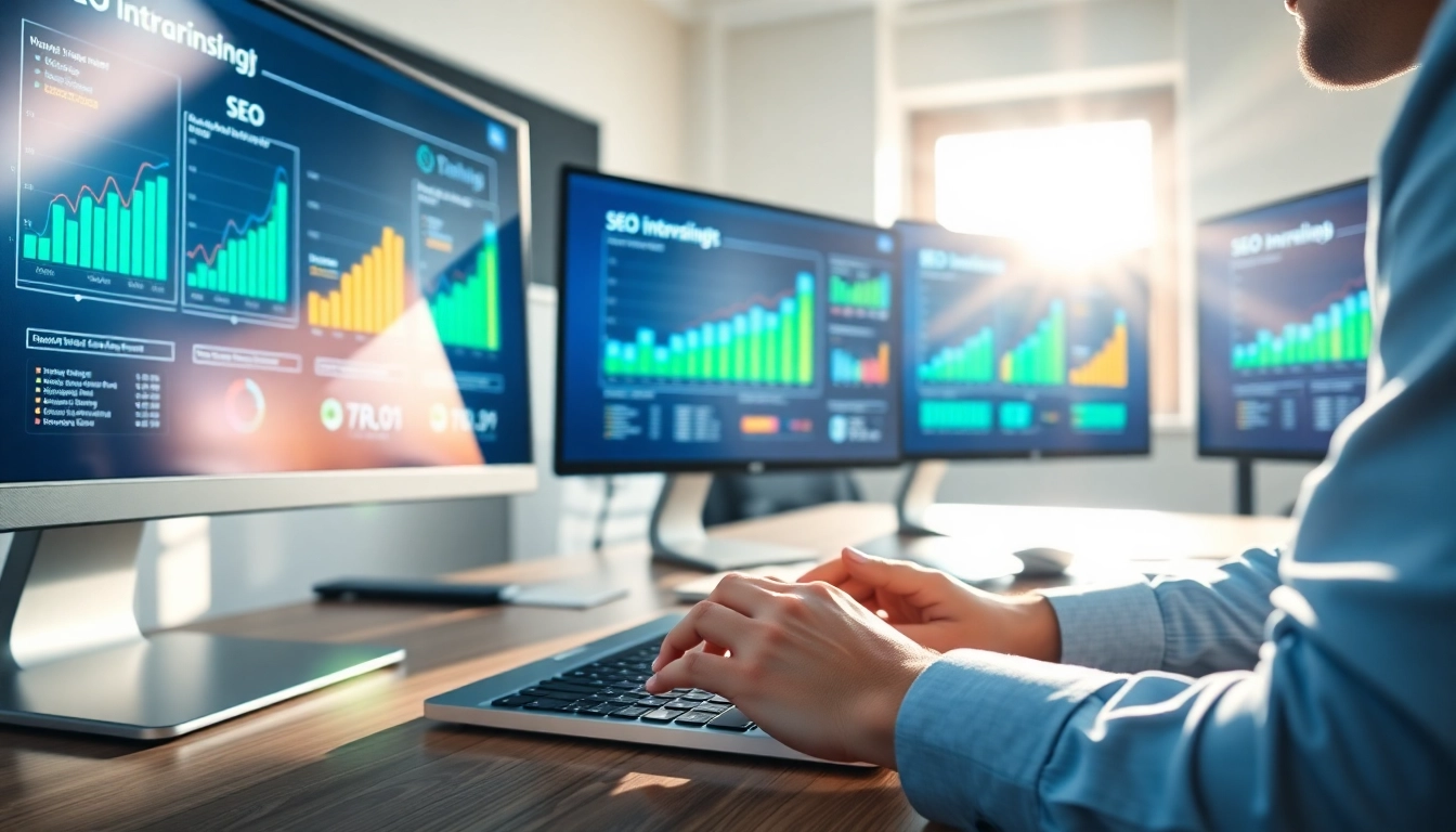 SEO Tipps: Digital marketing consultant analyzes data on multiple screens.