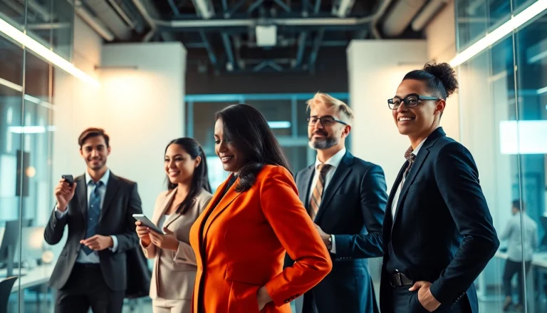 Headhunter team collaborating in a dynamic office setting, showcasing teamwork and professionalism.