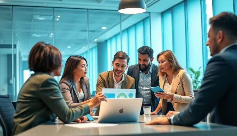 Business professionals engaged in Unternehmensberatung discussions with data analysis on a laptop.