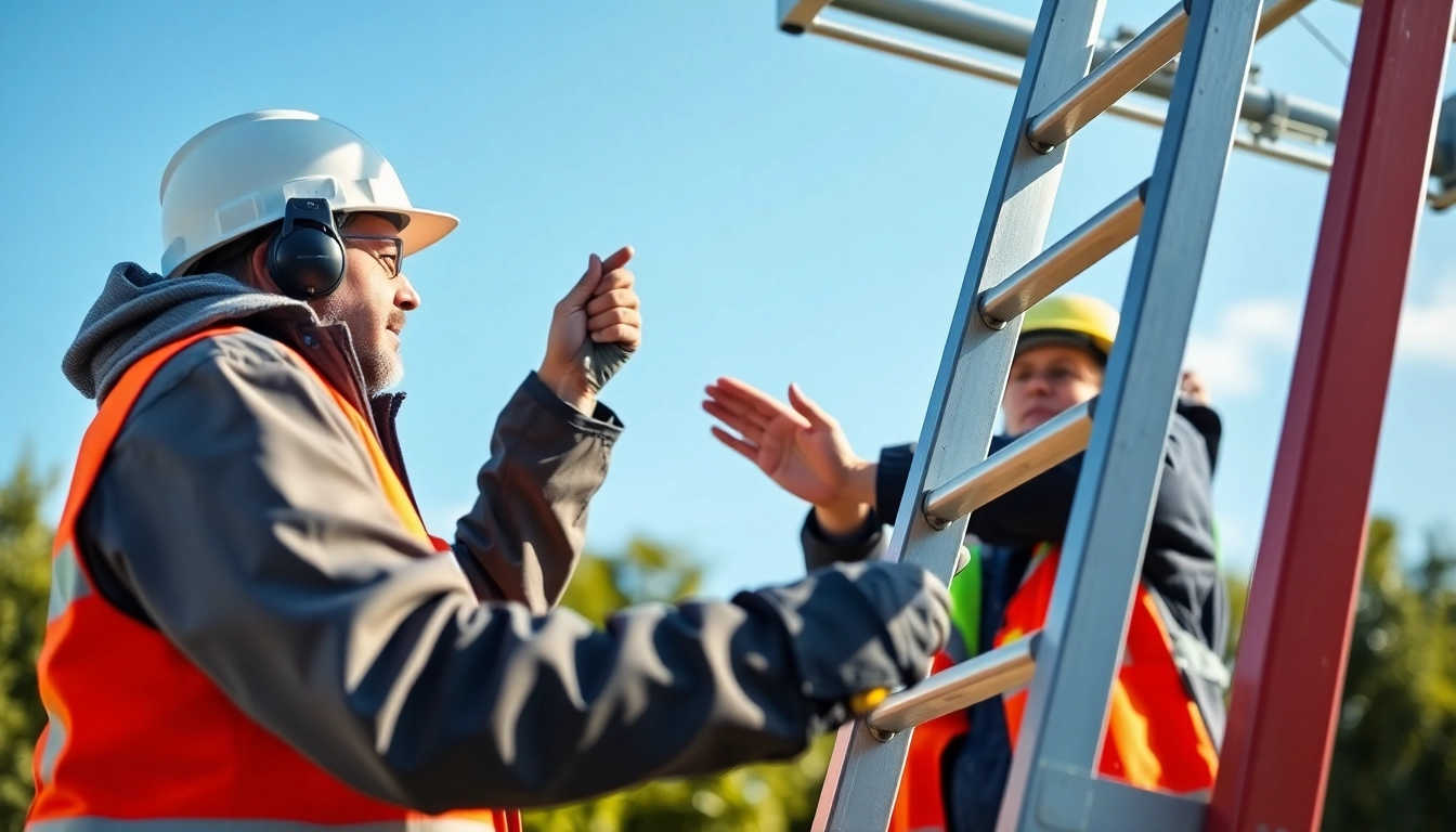 Leiterprüfung in action: An expert inspecting a ladder for safety standards and visible damage.