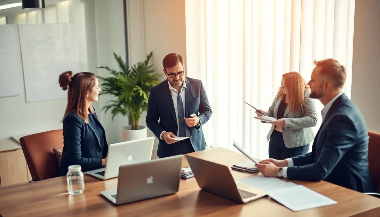 Unternehmensberatung in action, consultants collaborating over business strategies in a modern office.
