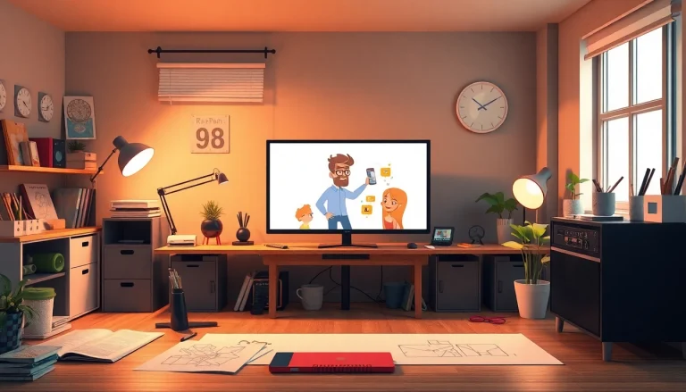 Animationsstudio mit lebendigen Farben und kreativen Werkzeugen, die die künstlerische Arbeit hervorheben.
