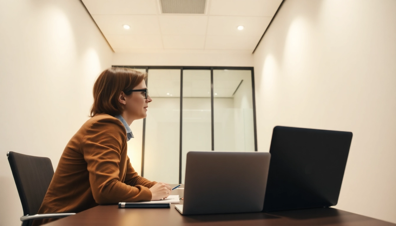 Professionelle Newplacement-Beratung in einem modernen Büro mit Coach am Laptop.