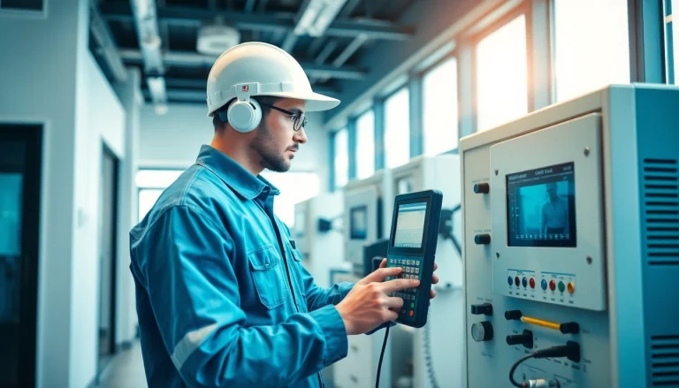 Technician conducting a DGUV V3 Prüfung with precision in a well-lit workspace.