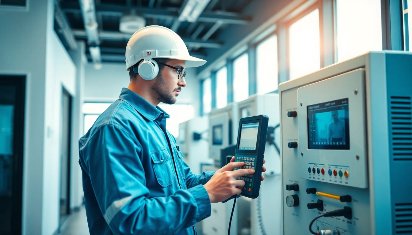 Technician conducting a DGUV V3 Prüfung with precision in a well-lit workspace.