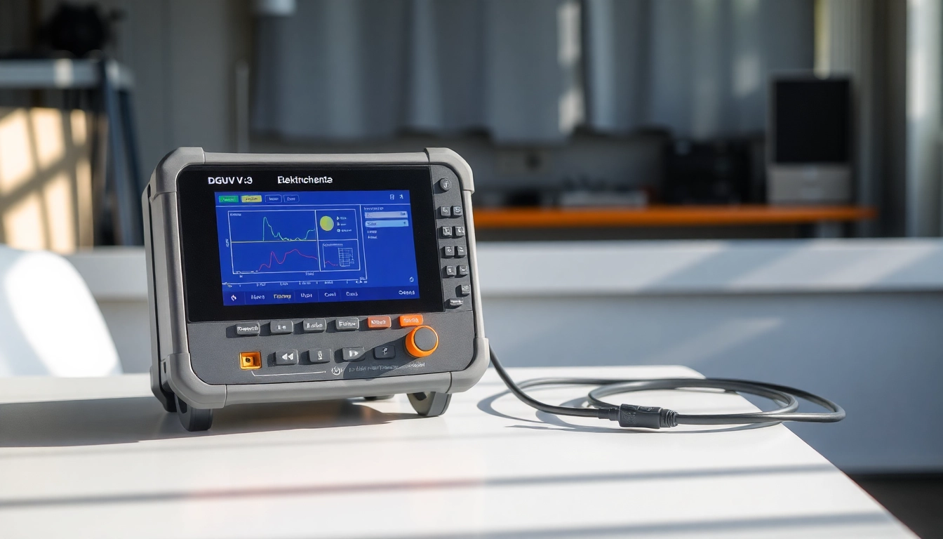 Durchführung der DGUV V3 Prüfung mit hochwertigem Prüfinstrument auf einem Tisch in einem gut beleuchteten Raum.