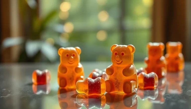 Genießen Sie THC Gummibären mit verschiedenen Farben und Geschmäckern auf einem eleganten Tisch.