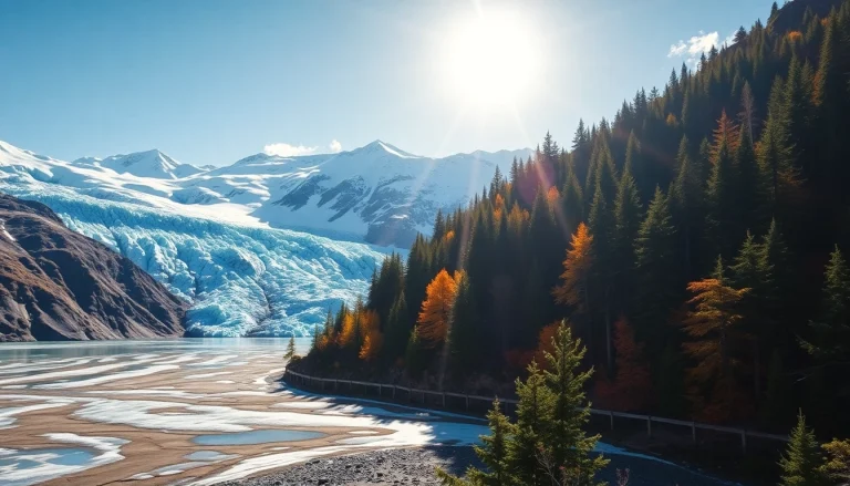 Observe the intersection of Klima changes: melting glaciers juxtaposed with healthy forests, showcasing the impact of climate change.