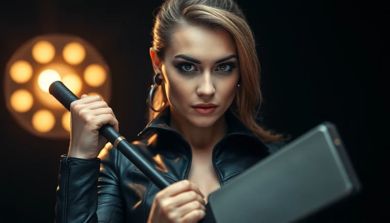 Feminine power embodied by a dominant woman using a riding crop to signify femdom authority.