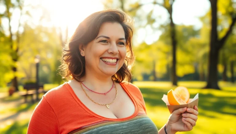Person lächelt glücklich nach erfolgreich überwundenem Gewichtsverlust, umgeben von gesunder Nahrung und einer schönen Parklandschaft.