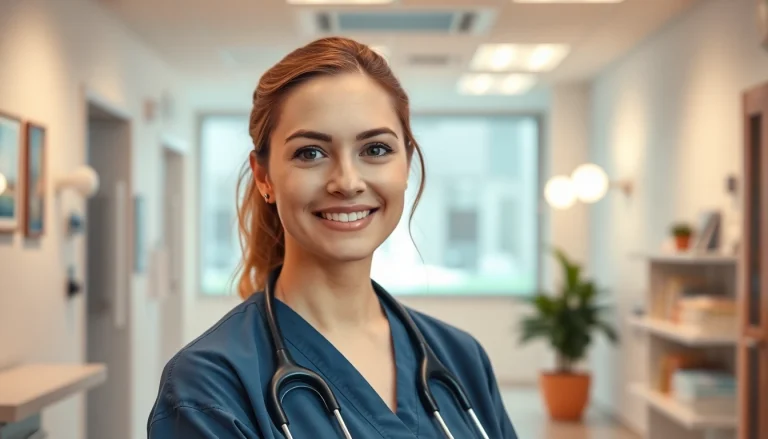 Examinierte Pflegefachkraft Hameln assisting an elderly patient in a comforting clinic environment.