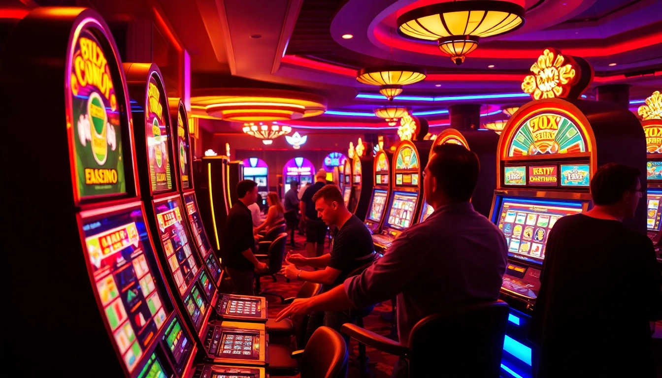 Spiele spannende Casino Bonus-Aktionen in einem lebhaften Casino mit Glücksmomenten und Spielern, die an leuchtenden Spielautomaten spielen.