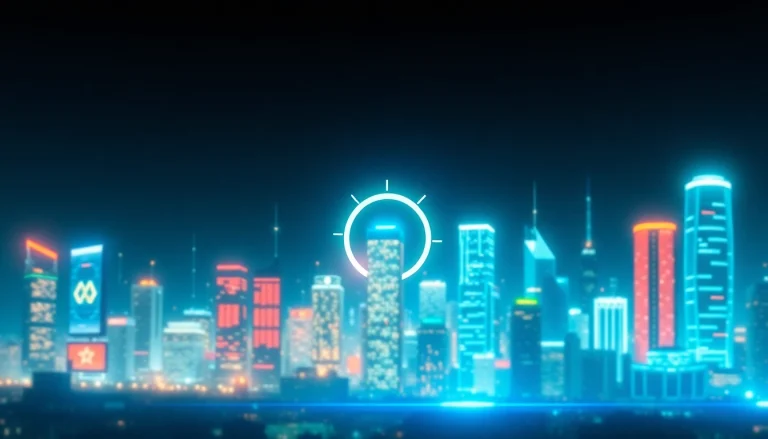 Visuelle Darstellung der SEO-Rankings mit einer futuristischen Skyline und Suchmaschinen-Icons.