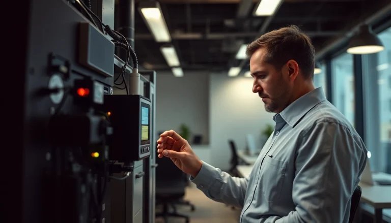 Techniker führt eine DGUV V3 Prüfung an elektrischen Geräten durch, um die Sicherheit am Arbeitsplatz zu gewährleisten.