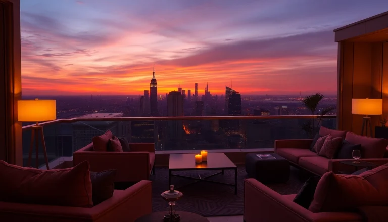 Luxury penthouse view with a stunning sunset over the city skyline and elegant furnishings.