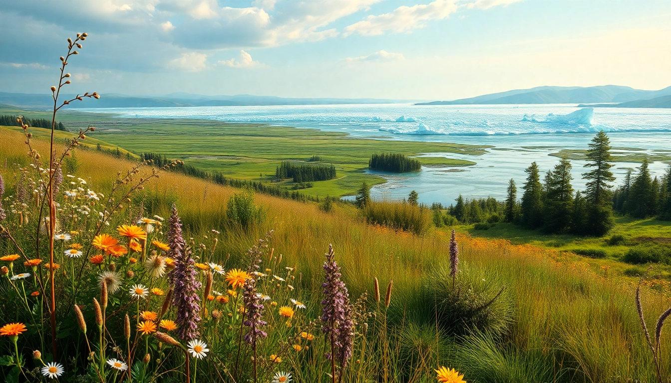 Ein inspirierendes Landschaftsbild, das das Klima und den Klimawandel mit blühenden Pflanzen und schmelzenden Gletschern darstellt.