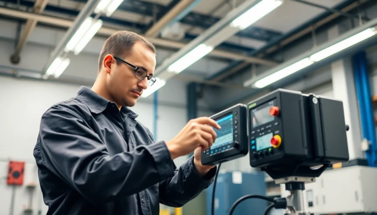 Technician performing die Prüfung ortsveränderlicher elektrischer Betriebsmittel with equipment in a well-lit workspace.