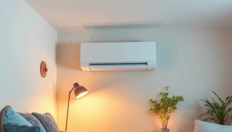 Klimaanlage installiert in einem modernen Wohnzimmer mit gemütlicher Atmosphäre und sanfter Beleuchtung.