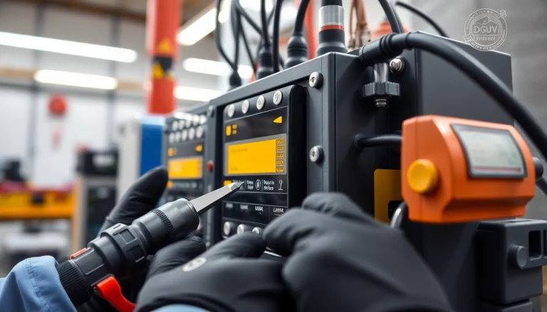 Inspecting a device for safety and compliance during the DGUV V3 Prüfung with specialized tools.