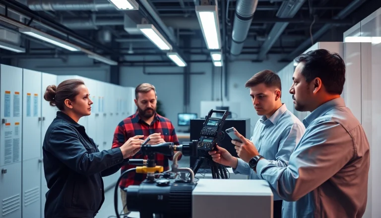Technicians conducting a DGUV V3 Prüfung for electrical safety assessments in a modern workspace.