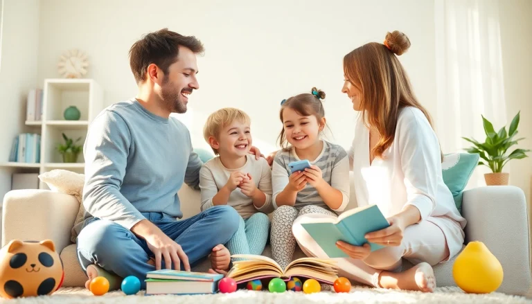 Kindererziehung in einer lebendigen, spielerischen Familienszene mit freudigen Interaktionen.