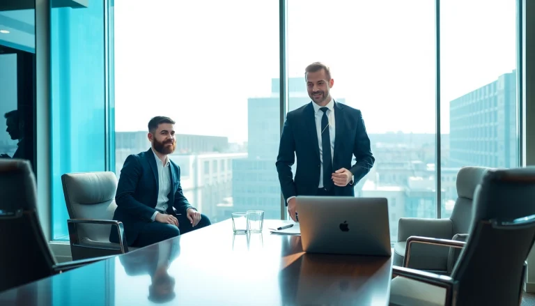 Visualisieren Sie Executive Search Vertrieb in einer modernen Geschäftsumgebung, wo Headhunter und Kunde strategisch planen.