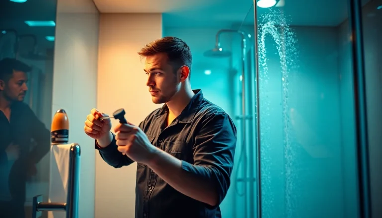 Sanitär Notdienst Techniker bei der Reparatur eines Rohres im modernen Badezimmer.