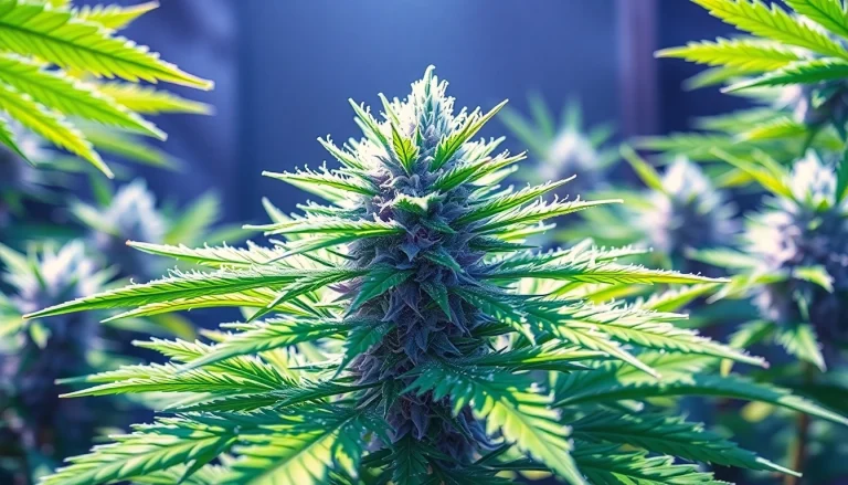 Exquisite White Widow cannabis plant with sparkling trichomes and vibrant leaves in a grow setting.