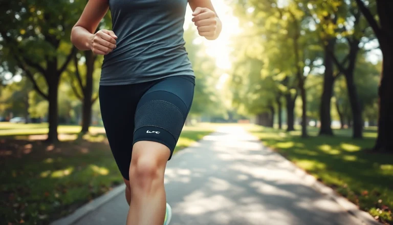 Aktive Person mit kniebandage beim Joggen im Park für optimale Unterstützung.