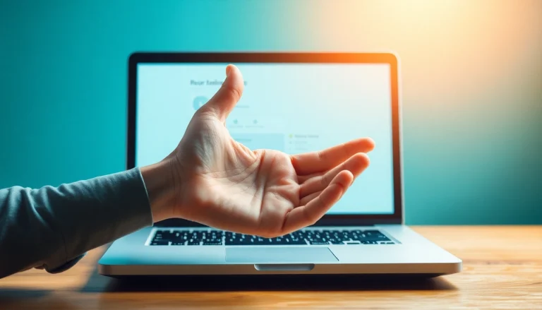 Helfende Hand beim Löschdienst, die negative Bewertungen auf einem Laptop entfernt.